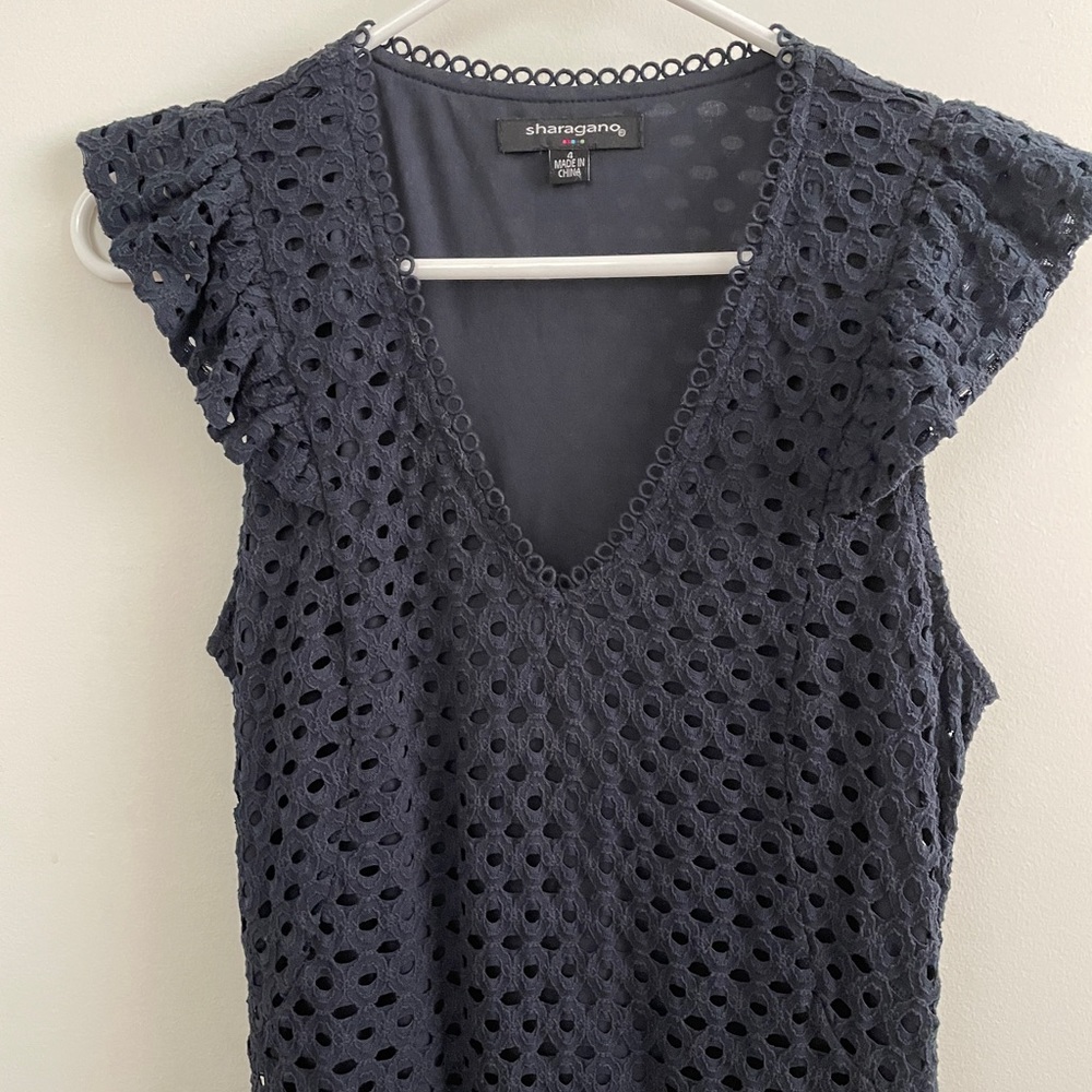 Navy Crochet V-Neck Dress, 4, EUC